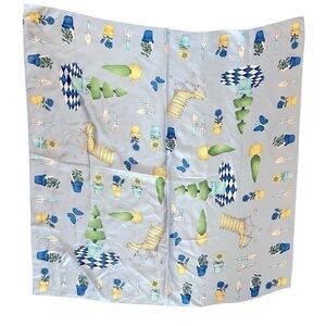 ECHO silk scarf with lawn & gardening theme, flowerpots, tools, topiary, blue